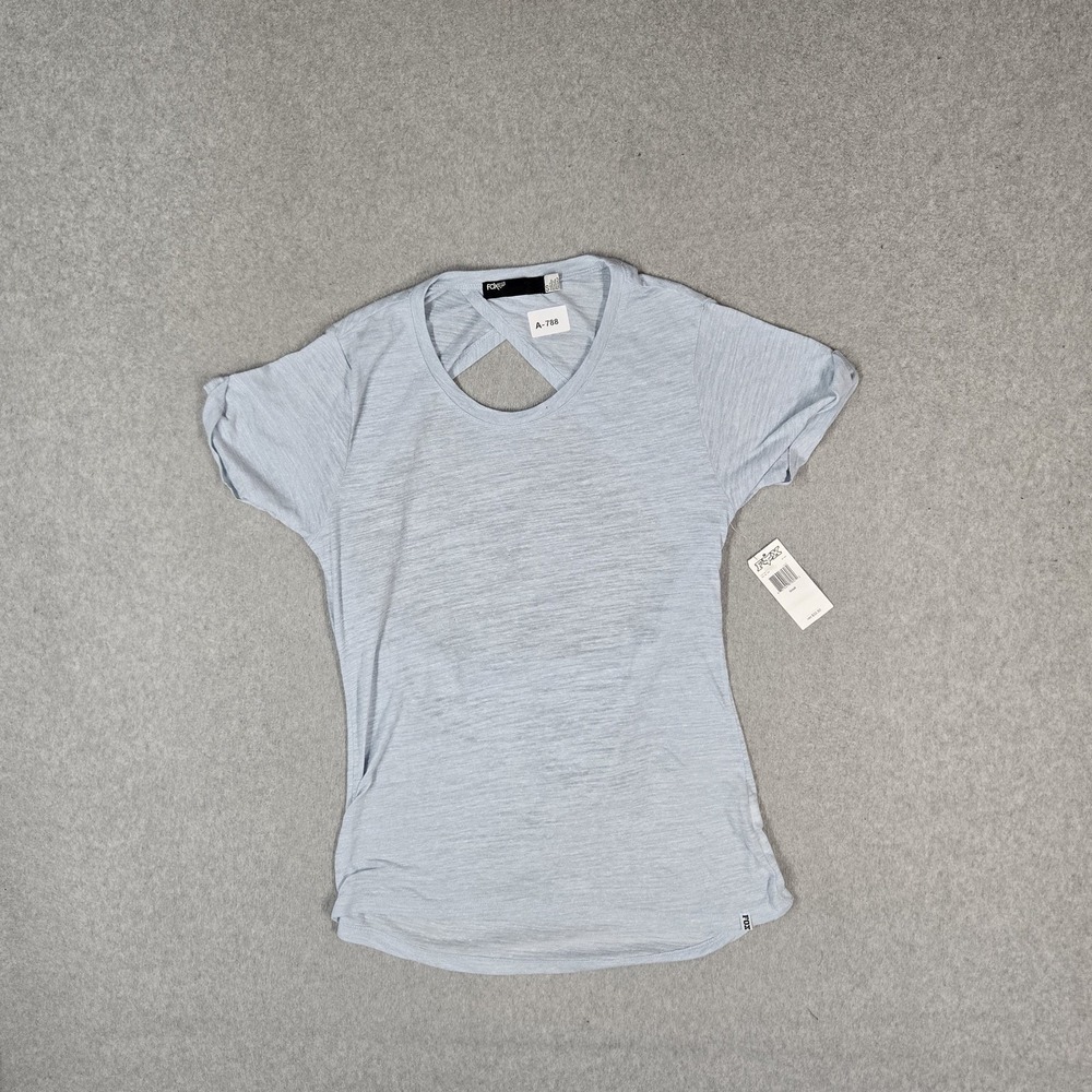 Fox Women Shirt SMALL Light Blue Veil Short Sleeve Open Back Crew Neck NWT